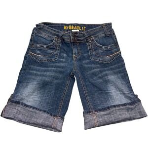 Y2k Bermuda Denim Shorts Women 7/8 Blue Cuffed Stretch Dark Wash Hydraulic